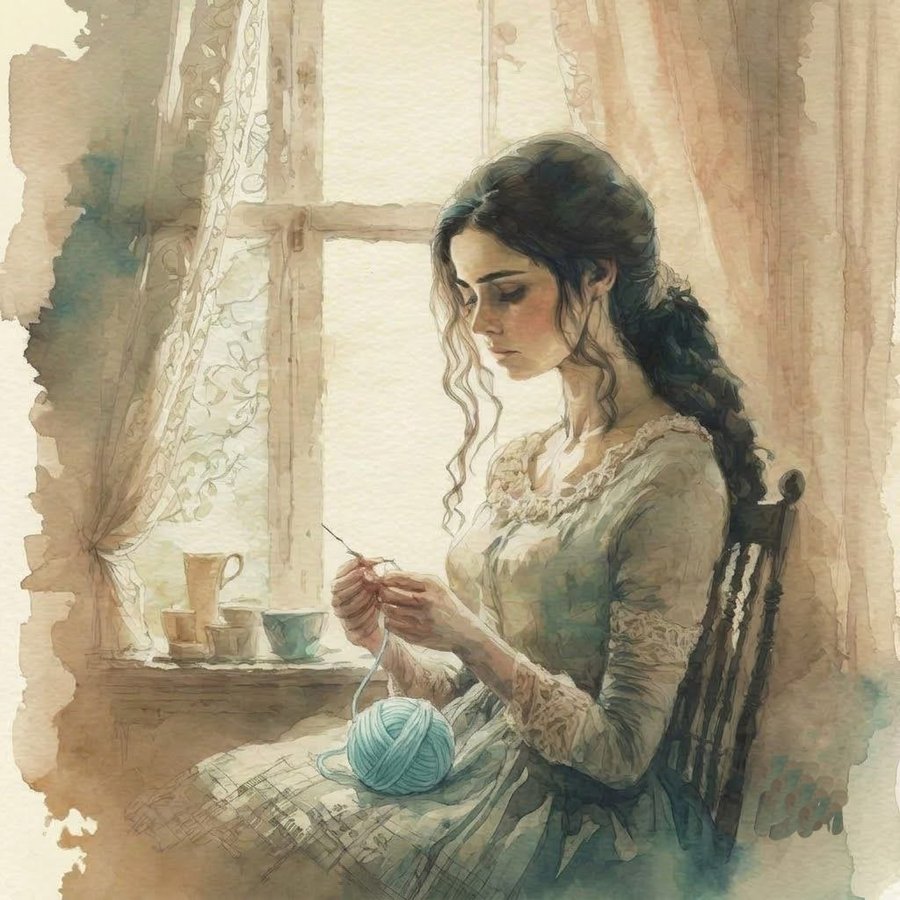 Woman knitting by the window